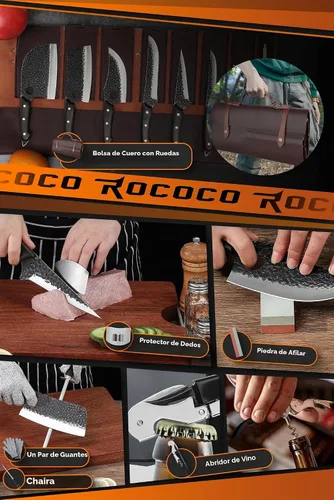Vista 6 de ROCOCO - Juego de cuchillos de carnicero - 13 cuchillos para deshuesar vikingo para chef serbio Meat Cutting Knives with Roll Bag for Kitchen