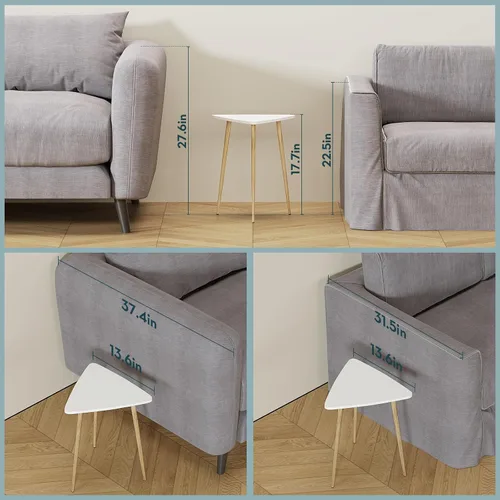 Vista 4 de SAYGOER Mesa auxiliar blanca pequeña triangular, mesa de sofá moderna y estrecha para sala de estar, dormitorio, mesita de noche única, marco