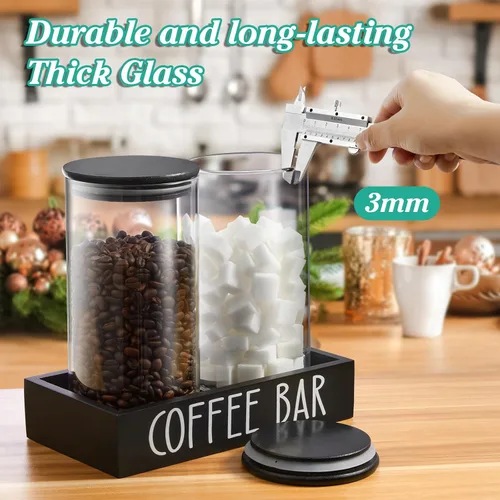 Vista 6 de Recipiente de Vidrio para Café Molido - Juego de 2 Piezas de 45oz de Recipientes para Café y Azúcar con Tapas Herméticas de Bambú y Bandeja Negra