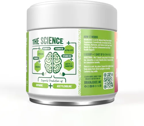 Vista 6 de BrainJuice Suplemento de apoyo cerebral nootrópicos, polvo sin gluten para energía y concentración, mezcla de bebida con L teanina, Alpha GPC