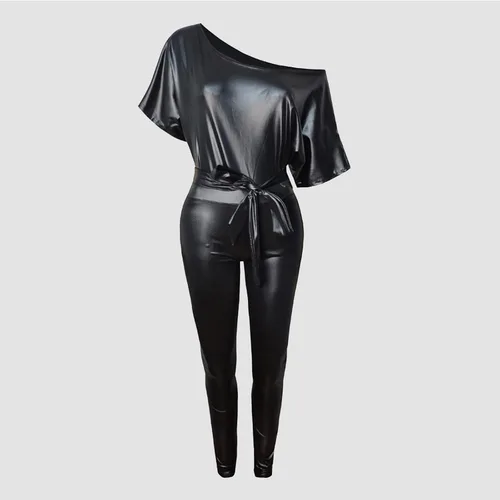 Vista 6 de Jsarle Vestidos sexys para mujer, de un hombro, manga corta, murciélago, ajustado, mini vestido de cuero, para fiesta, boda, club, vestido