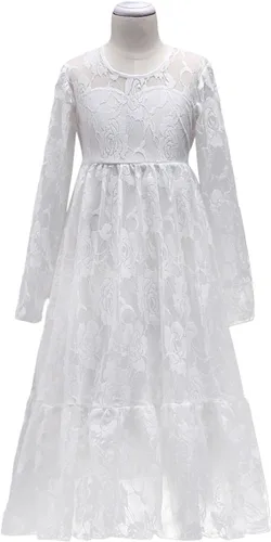 Vista 5 de Vestido de primera comunión con encaje blanco para niñas, boda, dama de honor, fiesta, bautizo, princesa, Aline, bohemio, rústico, baile, Blanco