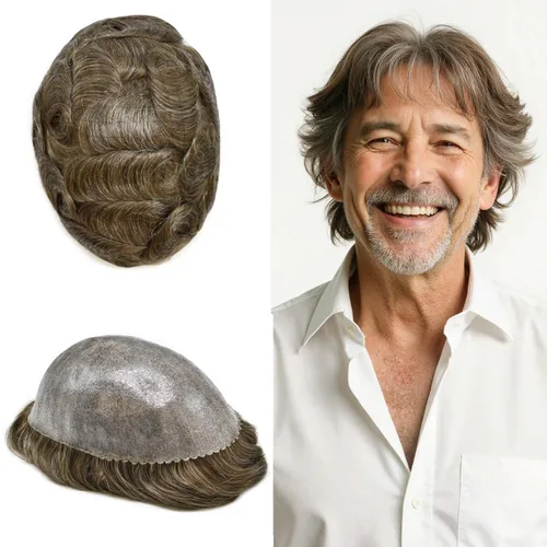 Vista 175 de Toupee for Men Hair Piece Real Human Hair Full Poly Skin Mens Toupee Mens Hair System Injected PU Hair System Invisible Hairpiece for