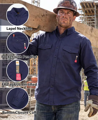 Vista 4 de KONRECO Camisas FR para hombre, 6.5 onzas, ligeras, uniformes de trabajo, resistentes al fuego, para soldar, repelente al agua y a las manchas