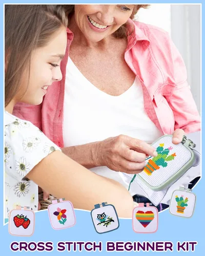 Vista 6 de Pllieay 5 kits de punto de cruz para principiantes para niños de 7 a 13 años, incluye 5 proyectos estampados y 5 aros de bordado cuadrados, 11
