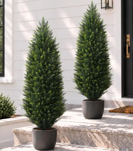 Vista 9 de Árboles de ciprés artificiales de 5 pies, 2 árboles de cedro sintético resistentes a los rayos UV para macetas al aire libre, arbustos de cedro