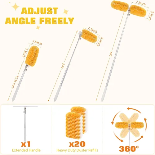 Vista 3 de Mango extensible de 6 pies con 20 piezas, kit de repuestos de plumero resistente de 360° para Swiffer, microfibra electrostática 4 veces