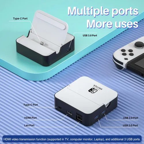 Vista 3 de Estación de acoplamiento de TV para Nintendo SwitchNintendo Switch modelo OLED, base de conmutación 6 en 1 con HDMI 2.0, Ethernet de 100 Mbps, 2