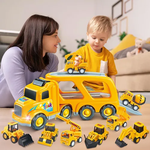 Vista 6 de Veslier Juguetes de camión de construcción 9 en 1 para edades de 3, 4, 5, 6 años, vehículos con sonidos y luces en camión transportador, juguetes