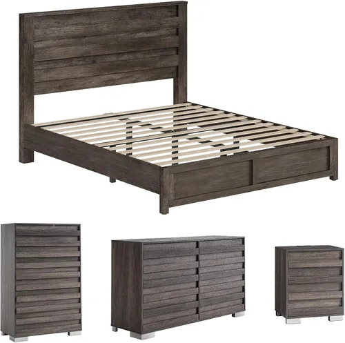 Vista 12 de Juego de 5 piezas para dormitorio de granja, incluye marco de cama tamaño Queen con cabecera alta, cómoda rústica de 6 cajones, cómoda alta de 5