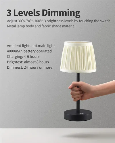 Vista 4 de PUSU Juego de 2 lámparas de mesa LED inalámbricas negras, lámpara de cabecera recargable de 4000mAh regulable de 3 vías con pantalla de tela