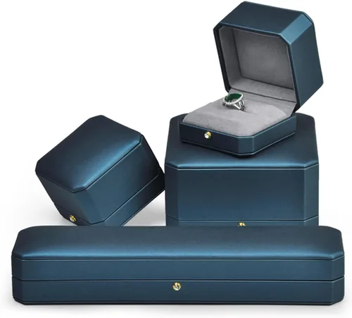 Vista 4 de Caja de regalo de anillo de joyería de presentación Caja de anillo de cuero PU azul premium para compromiso de propuesta