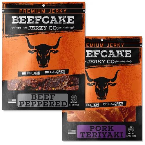 Vista 10 de Beefcake Jerky Ultimate Flavor Sampler (7-Paquete) - Variedad Gourmet de Carne Seca, 9g de Proteína, 80-100 Calorías, 2.7 Oz Cada Una - Snacks