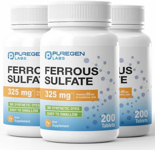 Vista 9 de Puregen Labs - Suplemento de hierro de alta potencia con sulfato ferroso de 325 mg (65 mg de hierro elemental), sin aditivos de color artificial