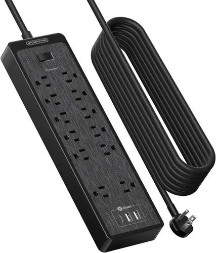 Vista 11 de Cable de extensión de 15 pies, protector de sobretensiones de 6 salidas, tira de alimentación larga y resistente de enchufe plano, enchufe plano