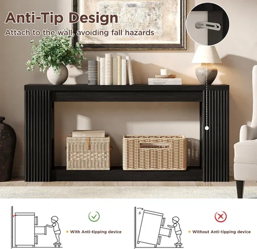 Vista 6 de Maupvit Mesa consola de madera acanalada con 2 almacenamientos, mesa de entrada rectangular de 71 pulgadas detrás del sofá, mesa de sofá
