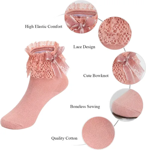 Vista 6 de Calcetines con volantes para niñas pequeñas, calcetines de encaje con lazo, 6 pares