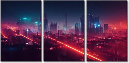 Vista 53 de Cuadros de 3 paneles de Cyberpunk City - Arte de pared de vallas publicitarias de edificios modernos en la capital con obras de arte modernas