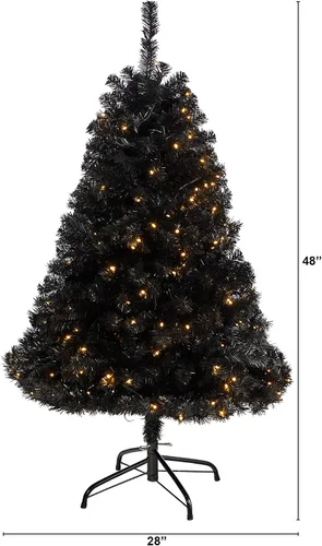 Vista 2 de Nearly Natural Árbol de Navidad artificial negro de 4 pies con 170 luces LED transparentes