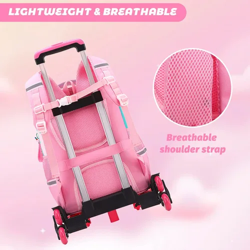 Vista 6 de Tanou Mochila rodante para niñas y niños, mochila ligera y transpirable, linda mochila con ruedas para viajes escolares, Viajar