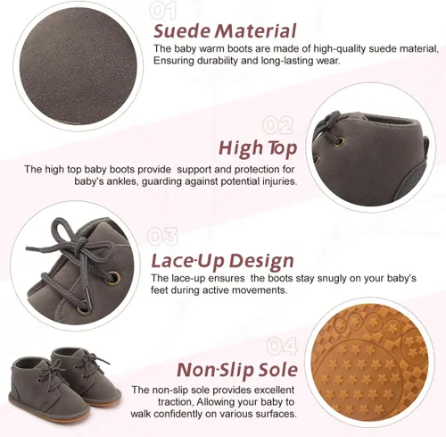 Vista 2 de Botas de nieve cálidas unisex para bebé, piel de piel para recién nacido, con cordones, suela de textura de goma antideslizante, zapatos de cuna