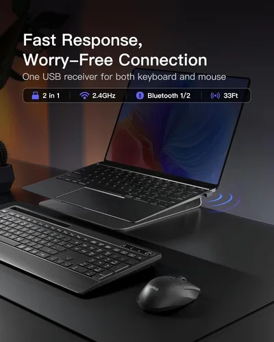 Vista 5 de Inateck Combo de teclado y mouse inalámbricos de tamaño completo para PC/Mac, silencioso Bluetooth de 2.4 GHz, reposamuñecas, soporte