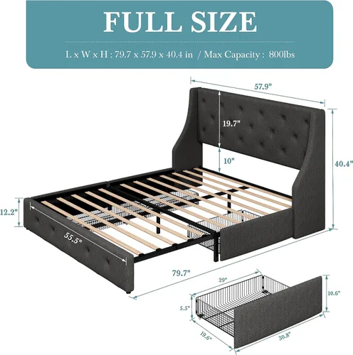 Vista 2 de HOOMIC Base de cama de plataforma tapizada completa con 4 cajones de almacenamiento y cabecera con respaldo de ala, diseño capitoné, fácil montaje