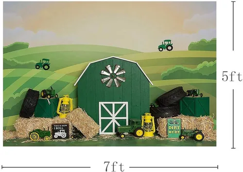 Vista 3 de MEHOFOND Telón de fondo de fiesta de cumpleaños de tractor para niño y niña, feliz primer cumpleaños, retrato de granja verde, fotografía de fondo