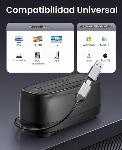 Vista 6 de ORICO Estación de acoplamiento de disco duro para USB C 2.5"/3.5" SSD HDD SATA I II III Base de disco duro externo 22TB 2 en 1 Tipo C a USB A Cable