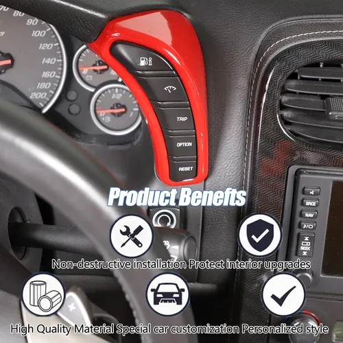 Vista 3 de Cubierta de botón de salpicadero Compatible con Chevy Corvette C6 2005-2013, marco de borde del velocímetro Cubierta de ribete de accesorios Rojo
