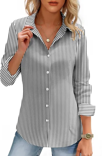 Vista 8 de HOTOUCH Camisas de mujer con botones de manga larga, camisa de vestir ajustada, blusas de trabajo, cuello, elegantes, casuales, de negocios