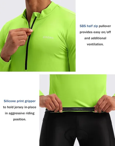Vista 4 de Bikewa Maillot de ciclismo para hombre con 3+1 bolsillos traseros con cremallera, manga larga, absorción de humedad, UPF 50+ media cremallera
