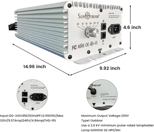 Vista 2 de Raylux - Kit de sistema de luz de crecimiento con puerto controlador, 1000 W DE doble extremo HID, reflector de estilo abierto con balasto digital