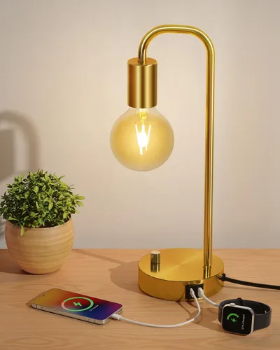 Vista 11 de ONEWISH Lámpara de mesa industrial para dormitorio, lámparas de noche modernas totalmente regulables con bombilla de luz cálida de 2700K