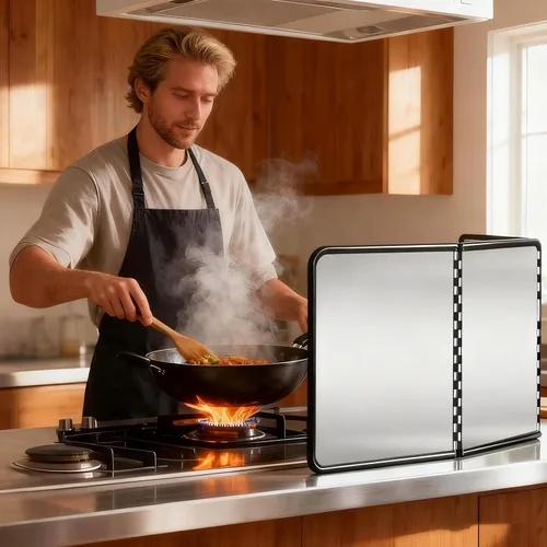 Vista 3 de Protector de salpicaduras plegable de 3 lados, protector de salpicaduras de grasa de acero galvanizado tamaño pequeño para freír, protector contra