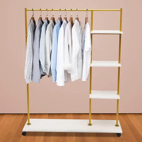 Vista 5 de Perchero para ropa, organizador de ropa con ruedas, soporte cuadrado de exhibición, estante de almacenamiento de metal dorado, estante portátil