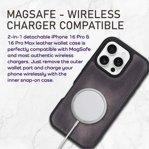 Vista 97 de Bayelon Funda tipo cartera para iPhone 15 Pro, cartera de cuero de grano completo, funda magnética desmontable, tarjetero, funda tipo cartera