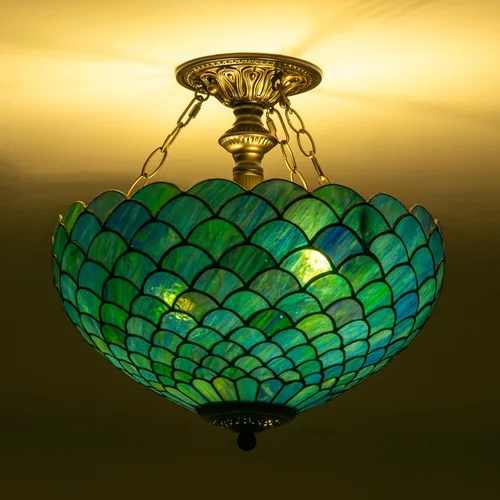 Vista 14 de Lámpara de techo Tiffany con vidrieras verdes de glicinia, montaje semi empotrado, lámpara amplia de 16 pulgadas de ancho y 15 pulgadas de altura
