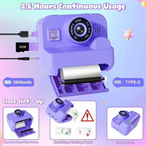 Vista 6 de Cámara digital para niños con impresión instantánea - Cámara de video digital HD 1080P para niños pequeños con papel de foto para imprimir, juguete