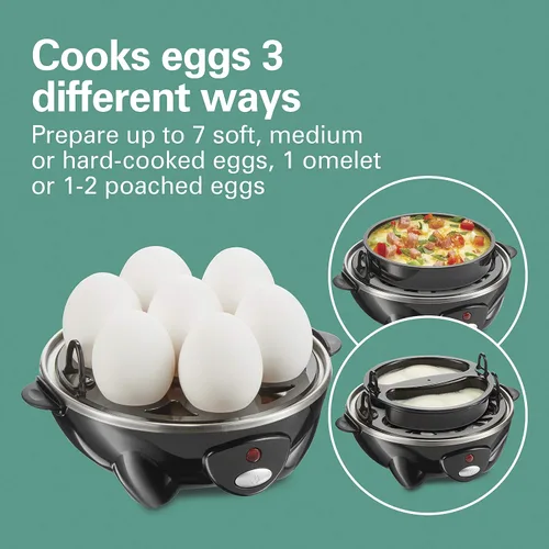 Vista 2 de Hamilton Beach Cocedor de Huevos Eléctrico 3 en 1 para Huevos Duros, Huevos Escalfados, Preparador de Omelets y Vaporizador de Verduras, Capacidad