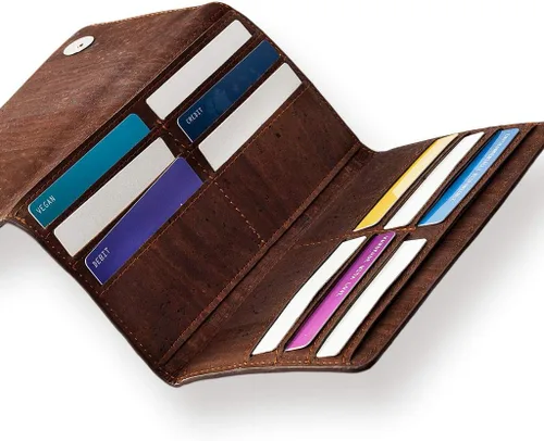 Vista 3 de Cartera de corcho vegano para mujer, delgada para tarjetas, funda plegable con bolsillo con cremallera, Marrón, Classic