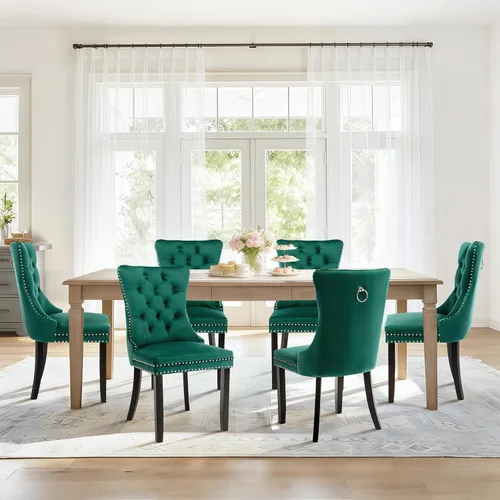 Vista 130 de Juego de 2 sillas de comedor de terciopelo con patas de madera, color beige Mid Century Modern Dining Chairs,Upholstered Chairs with Nailhead