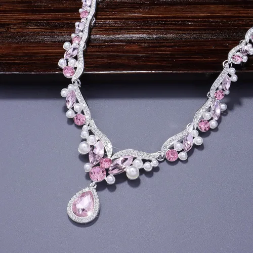 Vista 2 de Conjunto de collar de perlas de novia rojo, esmeralda, azul, rosa, para mujer, esposa, novia, cumpleaños, boda, Gema Zinc, Diamantes de imitación