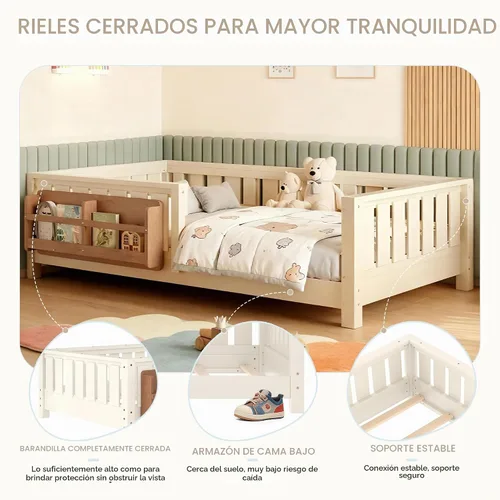Vista 5 de Marco de cama Montessori Twin con estantería y barandillas, color beige