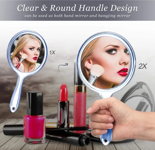 Vista 3 de Jetec Espejo de mano de doble cara - Espejo de aumento 1X/2X con mango - Espejo de maquillaje de forma redondeada (azul)
