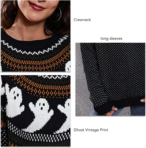 Vista 6 de Cocoarm Suéter de invierno básico de punto de manga larga con cuello redondo para mujer, casual, Halloween, estampado de fantasmas