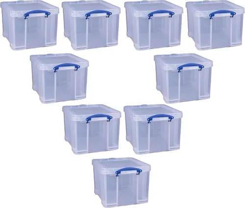 Vista 11 de Really Useful Box Paquete de 3 contenedores de almacenamiento de plástico transparente con tapas y asas de clip, 32 litros - Contenedores