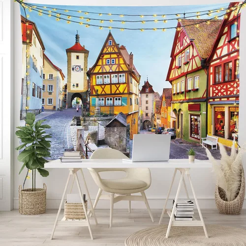 Vista 7 de Ambesonne Tapiz alemán, Rothenburg ob der Tauber Baviera Alemania famosa calle colorida casas clásicas, decoración de tela para colgar en la pared