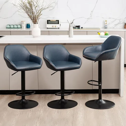 Vista 12 de Glitzhome Taburete de bar giratorio, taburetes de bar ajustables con soporte trasero y reposapiés, silla de bar tapizada de piel sintética