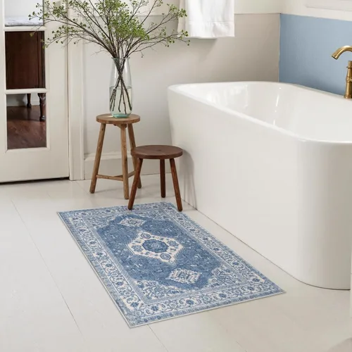 Vista 3 de Alfombras de Baño Bohemias Azules Seavish, Tapete de Baño Absorbente Vintage Desgastado de 18x26 Pulgadas, Alfombra de Baño Pequeña Antideslizante